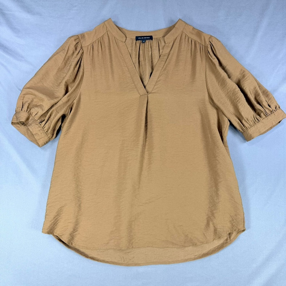 Pleione Women Blouse Medium M Tan Brown V-Neck Short Sleeve Casual Lightweight